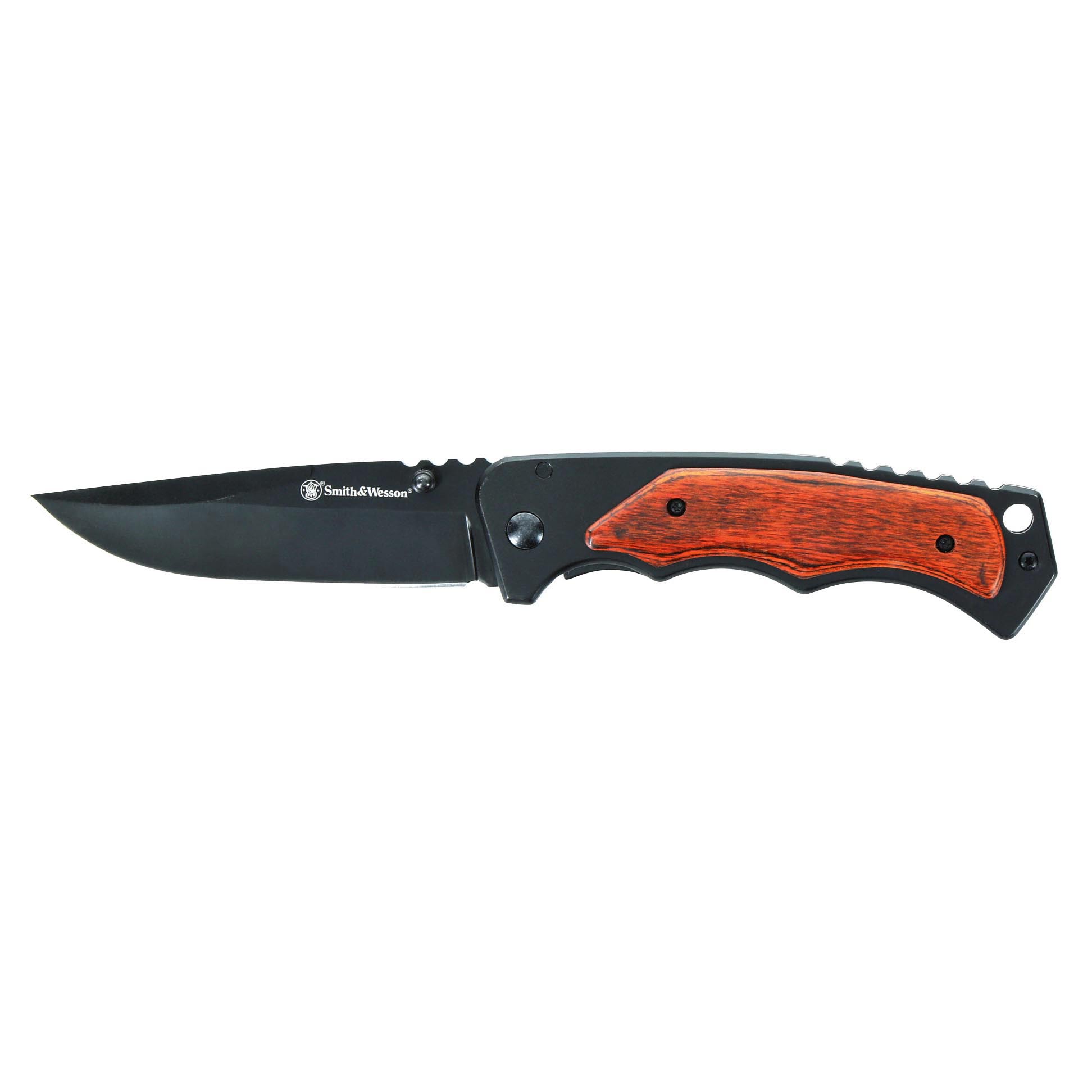 Smith & Wesson 3.7″ Folding Pocket Knife (Black with Wood Overlays)