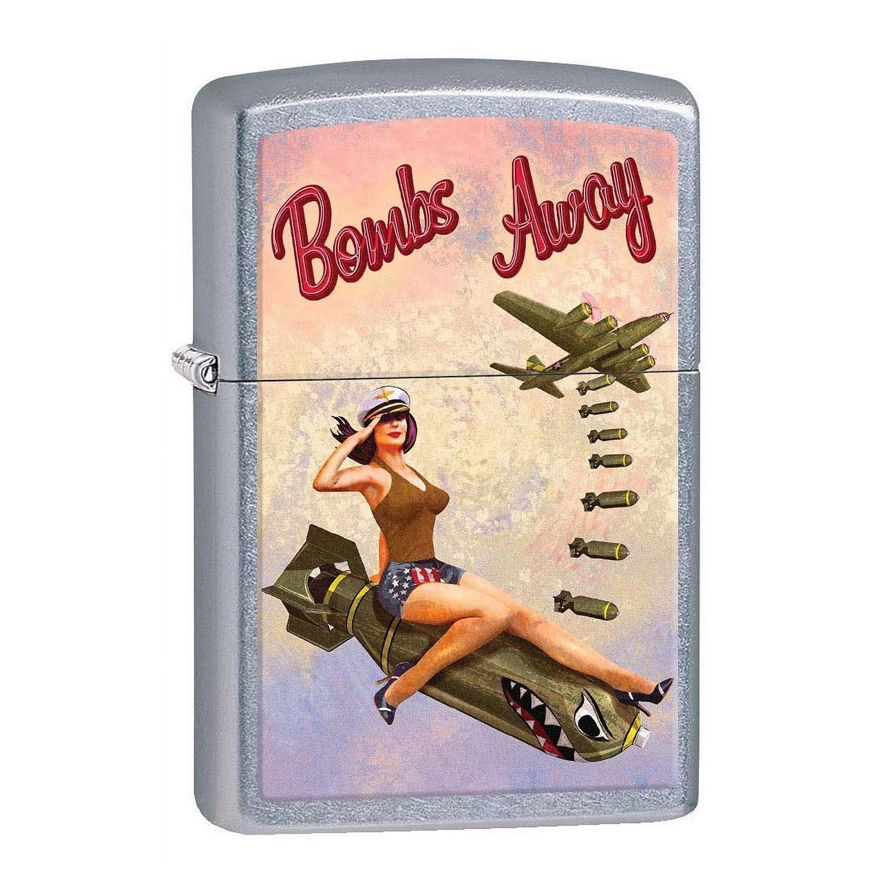 *207BOMBS* Zippo 80778 Windproof Lighter - Pinup Nose Art "Bombs Away Girl" Imprinted Street Chrome